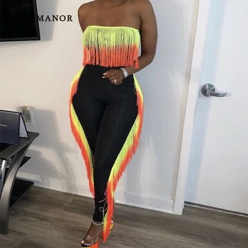 

ANJAMANOR Gradient Tassel Sexy Two Piece Crop Tops Pants Set for Women Party Club Outfits Fall Clothes 2 Piece Set D63-DG40