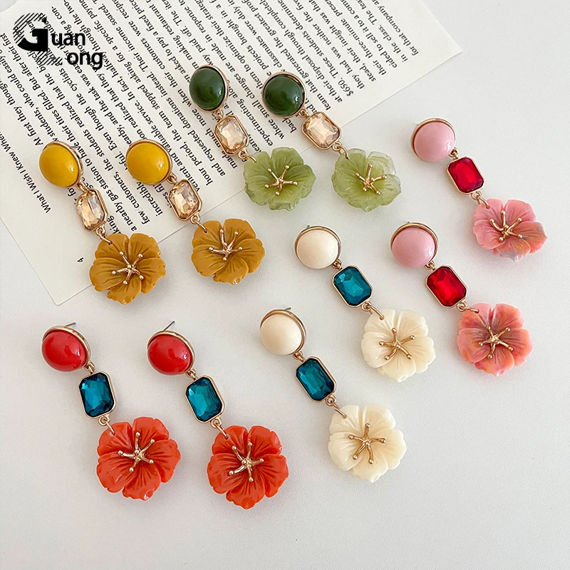 Women Acrylic Flower Long Dangle Earrings Big Vintage Wedding Korean Cute Elegant Fashion Gift