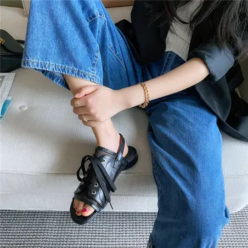 

YMECHIC Summer Low Heel buckle Strap Gladiator Sandals 2020 summer Open Toe Women Casual Lace Up rome shoes sandalias mujer new