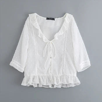 

Summer 2019 New Sweet Lotus Leaf V-neck Hollowed-out Hook Blouses with Slim Shirts