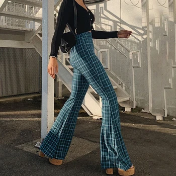 

Sexy New Plaid Elegant Office Lady Elastic Waist Flare Hem Pants Casual Minimalist Trousers 2020 Autumn Fashion Streetwear Pants