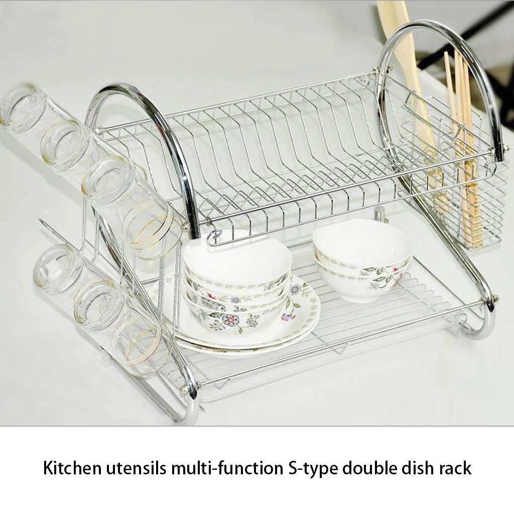 

2 Tiers Dish Drying Rack Kitchen Washing Holder Plated Iron Kitchen Knife Sink Dish Drainer Drying Rack Organizer Large Capacity