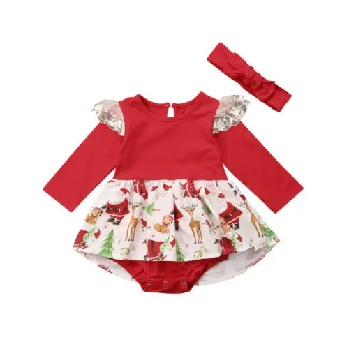2Pcs Baby Girls Christmas Ruffle Sequin Long Sleeve Romper Skirt + Bowknot Headband Dress Set Outfits | Мать и ребенок