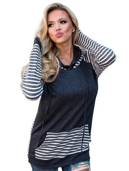 

spring xxl new striped patchwork pockets hooded woman hoodies fashion long sleeve casual loose female sweatshirt