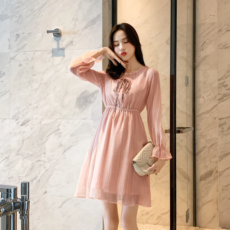 

2020 Early Spring New Style Ruffled Collar Elastic Waist Hugging Long Sleeve A- line Dress Spring WOMEN'S Dress