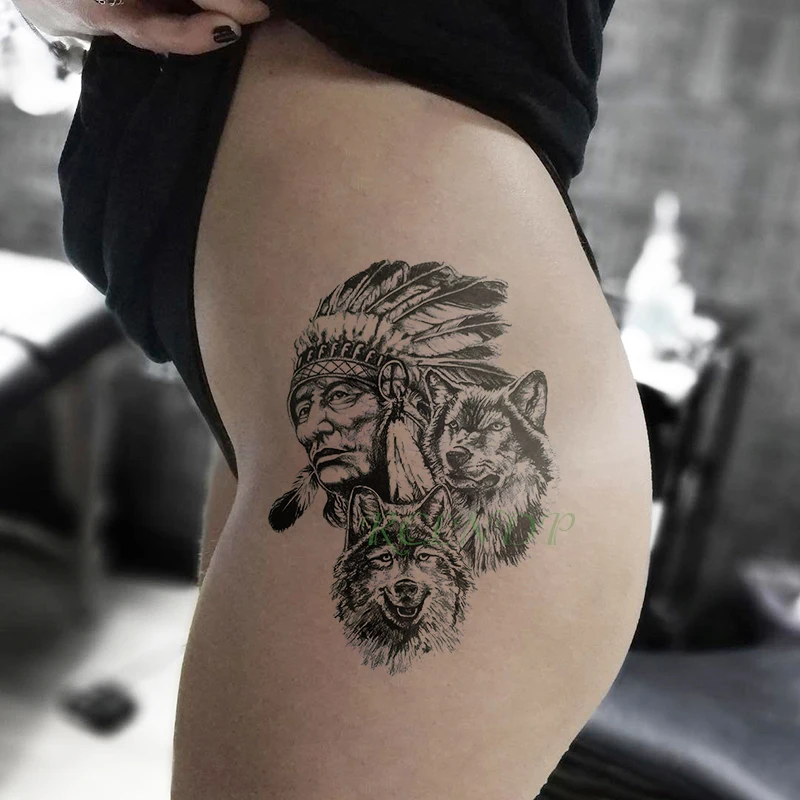 Водостойкая временная татуировка наклейка волк девушка поддельные тату флэш-тату Татуировка Временная нога рука большой размер для женщин мужчин femme - Цвет: Темный хаки