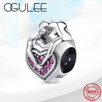 

Valentine's Day Gift Sweet love S925 Sterling Silver Rose Red CZ Heart Beads Charms Fit Original Pandora Charm Bracelets Jewelry