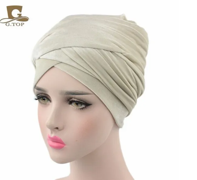 Роскошный мягкий вельветовый тюрбан Велюровая шапочка для душа головной убор хиджаб шапка мусульманский шарф мусульманский головной платок - Цвет: Бежевый
