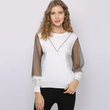 

Women Loose Chiffon Blouse Feminine Lace Embroidery Patchwork O-neck Shirt Female Long Sleeve Sexy Office Tops Plus Size D20606