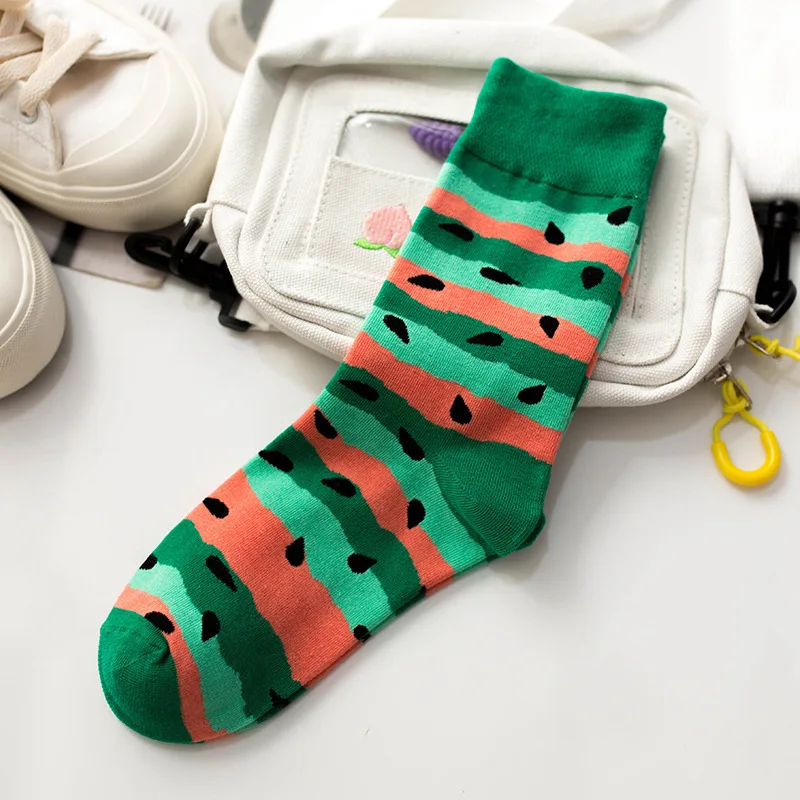 watermelon green Творческая пища узор женские носки Harajuku Kawaii Happy носки Icecream картина с лимонами морская еда лук арбуз принт Забавный милый - Цвет: watermelon green