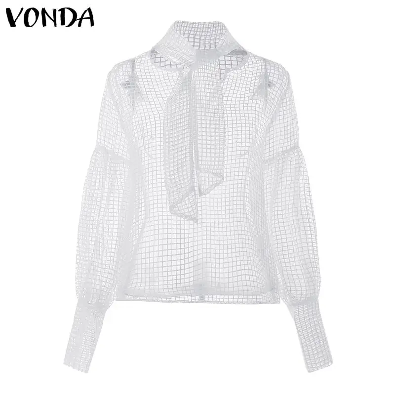 Осенне-Летняя женская блузка с полым рукавом-фонариком для вечеринки, элегантные топы, рубашки с шарфом, туника размера плюс VONDA - Цвет: White