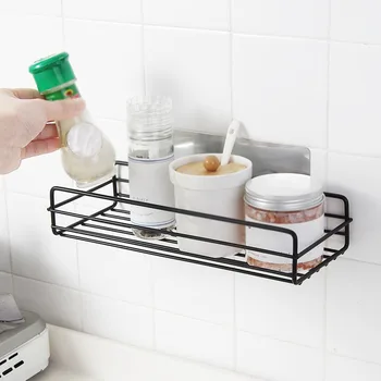 

Home Kitchen Bathroom Shower Storage Shelf Wall Hanging Shelves Self-adhesive Storage Rack with Hooks