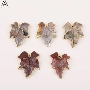 

Natural Ocean Jaspers Faceted Maple Leave Pendant Necklace,Raw Ocean Stone Leaf-Shape Gold Edges Jewelry Charms EF-DG-75AMAB
