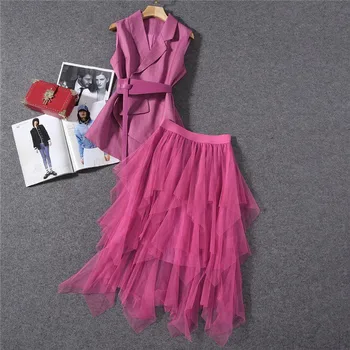 

Elegant Lady Office Two Piece Outfits Summer 2020 Fashion Design Women's Set Belted Irregular Vest Top and Mesh Skirt Suit Sets
