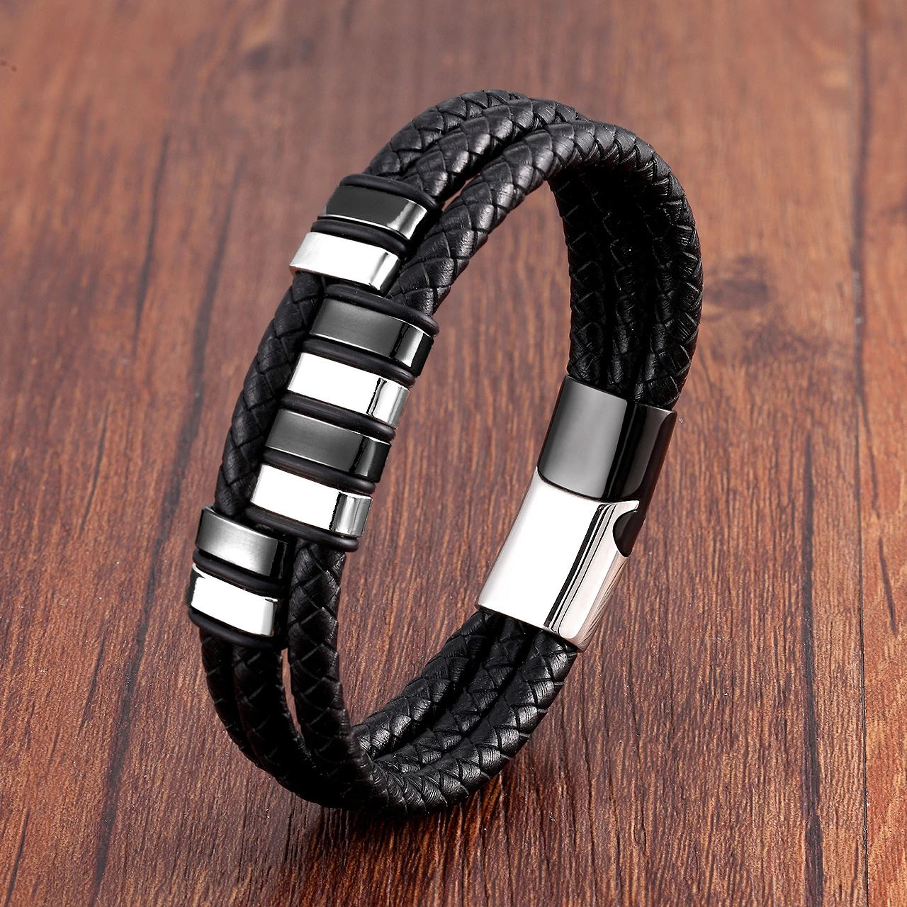 Men's Quality 3 Layer Rope & Braid Style 316L Stainless Steel Leather Bangle UK 