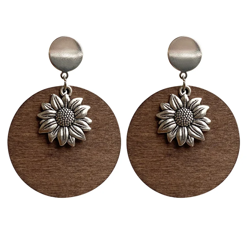 Metal Sunflower Wood Statement Drop Earring Jewelry Simple Metal