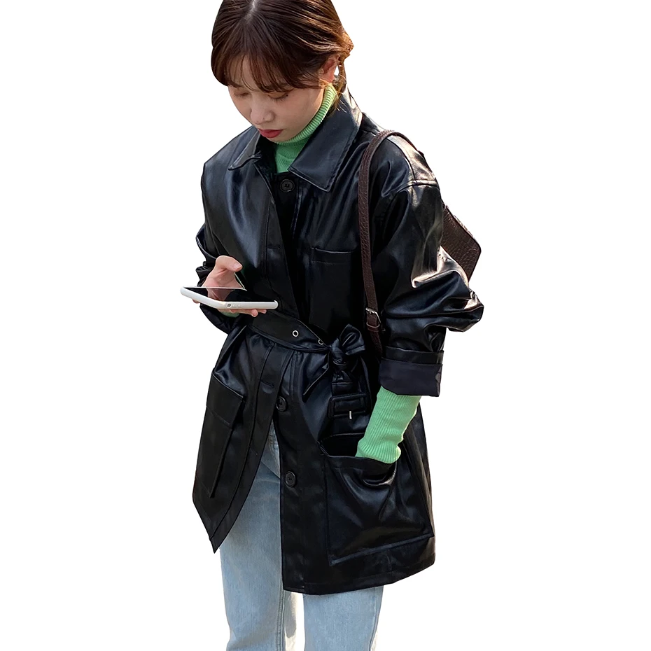 

Sashe PU Leather Jacket Women Winter Black Faux Leather Jackets Basic Coat Single-breasted Button Motor Biker Jacket With Belt