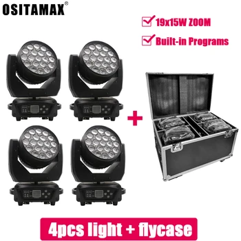 

Free shipping Flycase 4pcs/lot Zoom/Wash Function 19x15w RGBW 4in1 Moving Head Light Nightclub DJ Party Stage Light