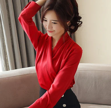 Dingaozlz элегантная женская рубашка с v-образным вырезом, новинка, корейские белые топы с длинным рукавом, модная Офисная Женская блузка - Цвет: red