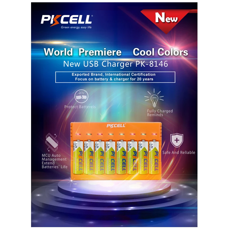

PKCELL Battery Charger for 1.2V NIMH NICD AA or AAA Batteries 8slot charge 1 to 8pcs batteria USB interface