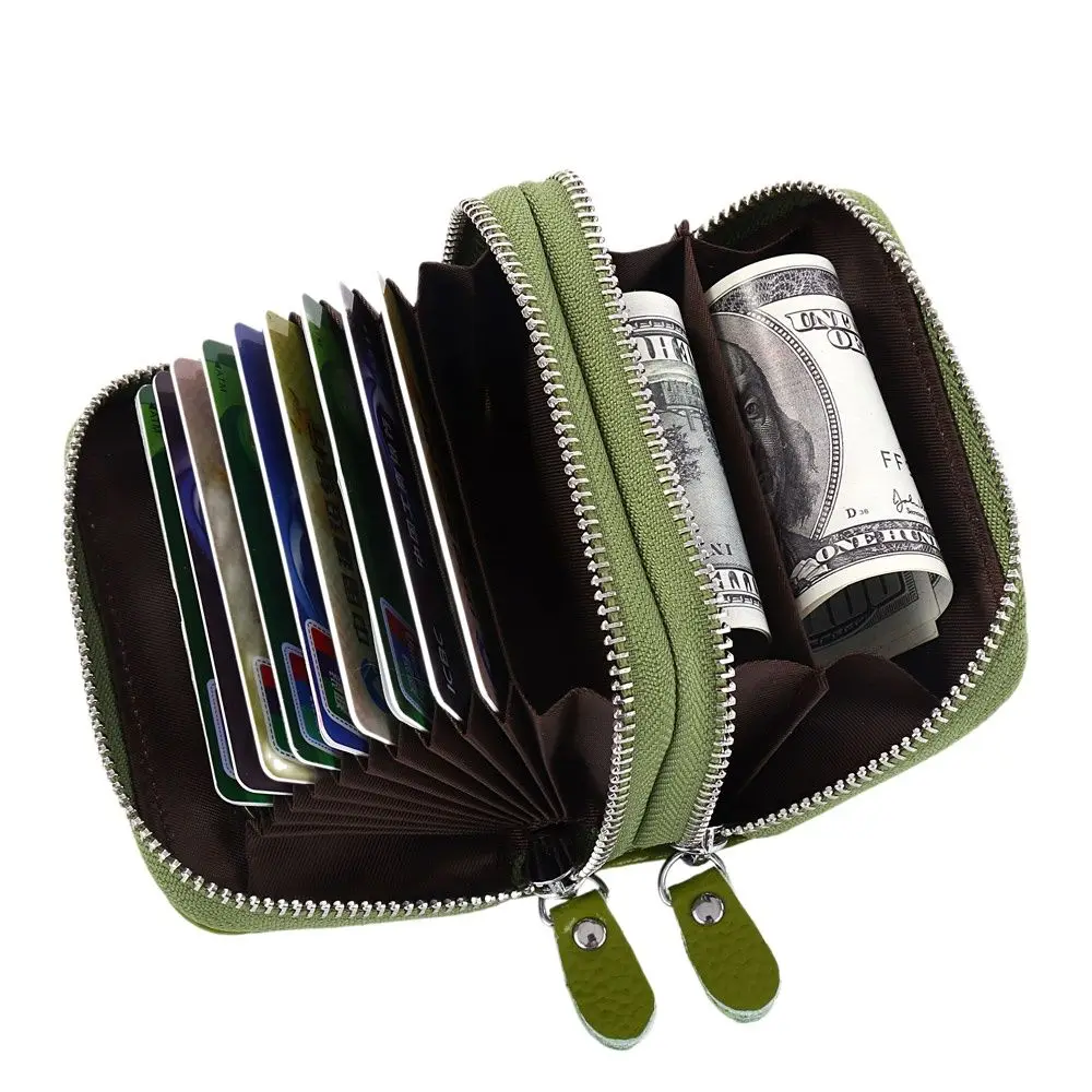 Fashion Brand Women ID Card Holder Genuine Leather Double Zipper Ladies