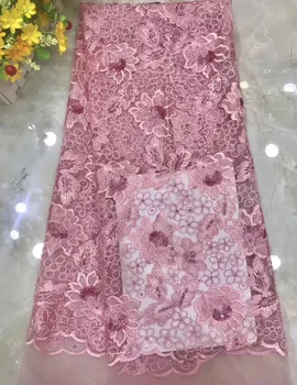 

high quality pink African tulle lace fabric excellent embroidered French net lace with sequins for attractive party dress FZZ498