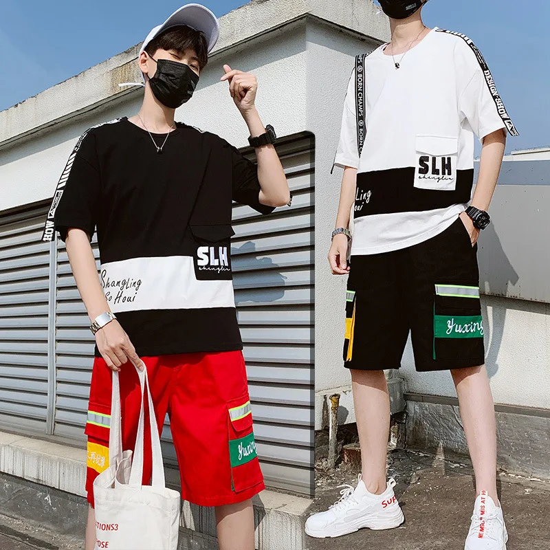

Teenager Short Sleeve T-shirt Suit Male STUDENT'S Embroidered Workwear Two Pieces a Set of T010 P78