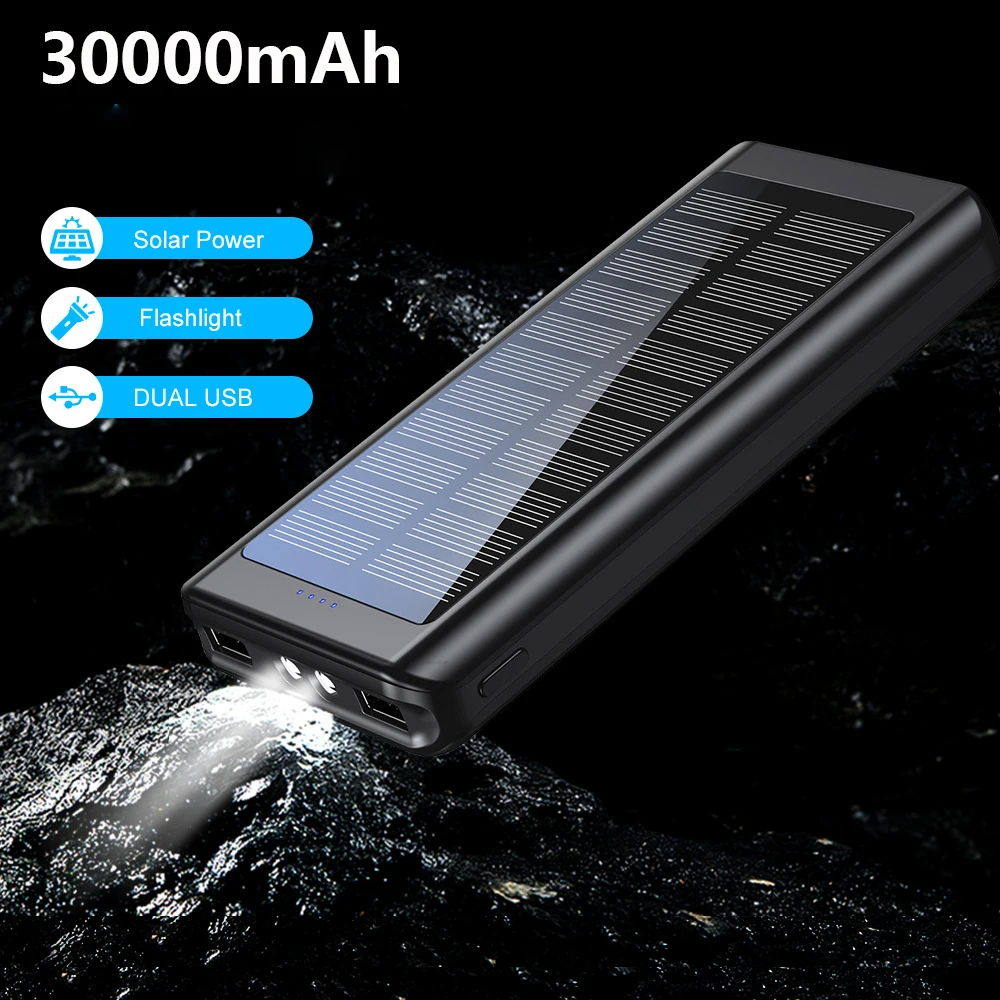 

30000mAh Solar Power Bank Double USB OUTPUT External Battery Dual Flashlight 10W FAST Phone Charger For iPhone Samsung Xiaomi