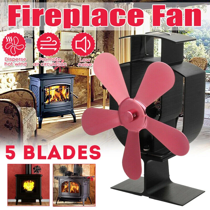 

5-Blades Heat Powered Fireplace Woods Stove Quiet Fan Temperature Gauge For Heaters Heating Cooling And Vents