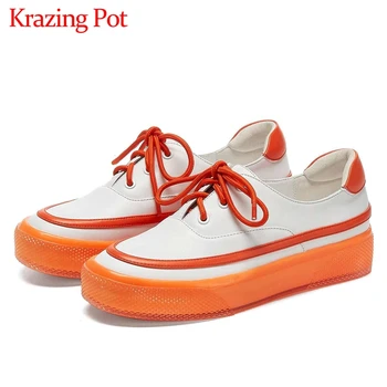 

Krazing pot genuine leather mixed colors sneaker round toe thick bottom lace up vitality maide high fashion vulcanized shoes L01