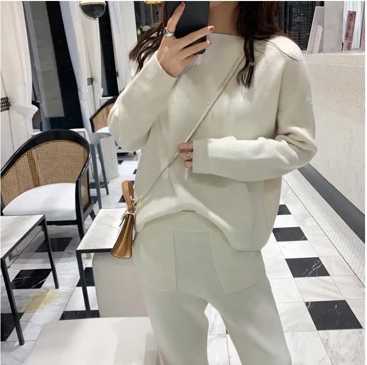 SMTHMA High Quality New Winter Women Cashmere Sweater Two Piece knitted Sets Tracksuit 2025 Fashion Sweatshirts Sporting Suit 2