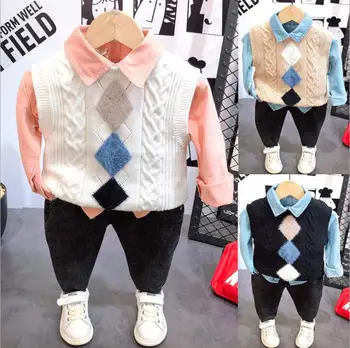 

New autumn and winter children's set boys knit vest + bottoming shirt + jeans three-piece 2019 new children's clothing