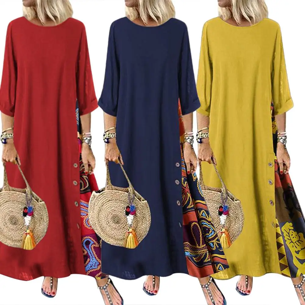 Loose-Dresses-Women-Vintage-O-Neck-3-4-Sleeve-Side-Buttons-Printed-Mom ...