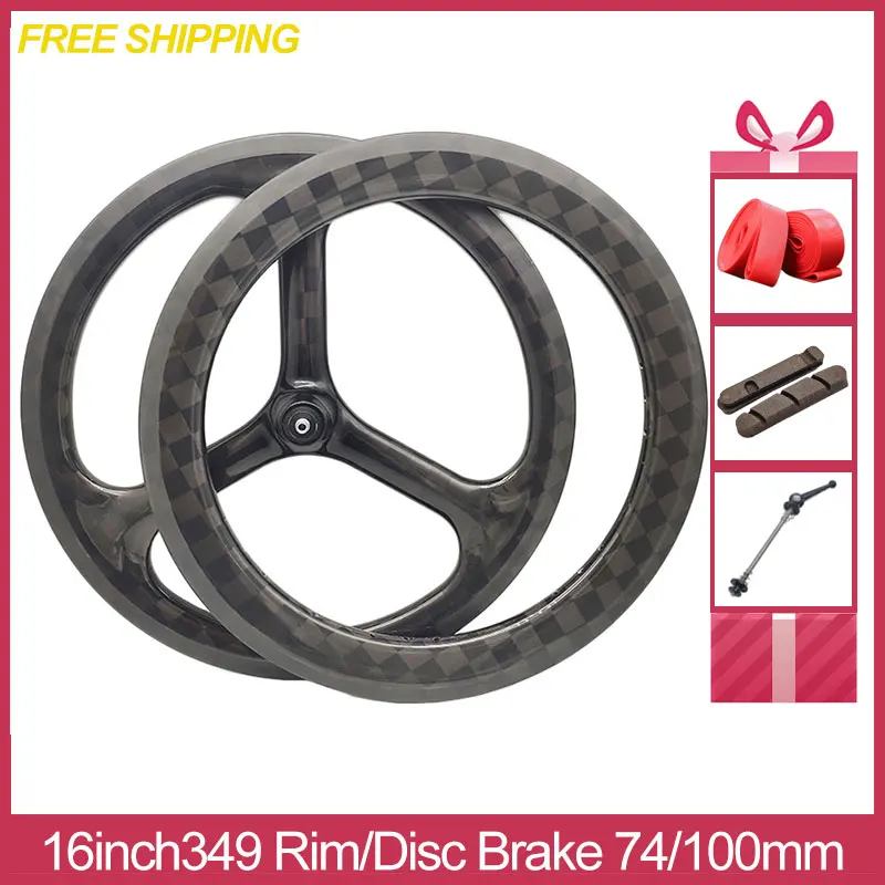 349SV-TR Carbon Fiber Trispokes Rim 74mm 16inch 349 V Disc Brake Wheel For Brompton