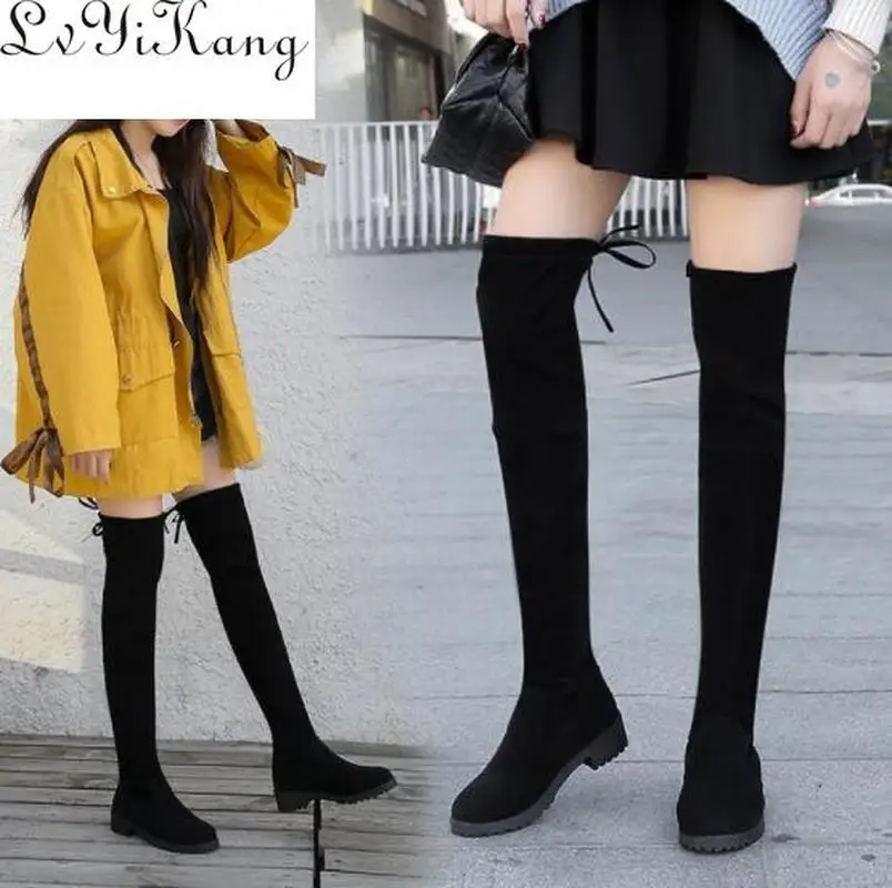 Высокие сапоги до бедра; женские зимние сапоги; женские Сапоги выше колена на плоской подошве; пикантная модная обувь; коллекция года; черные кроссовки; botas mujer