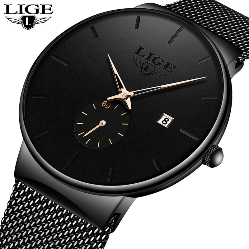 $16.99 Lige Fashion Mens Watches Top Brand Luxury Quartz Watch Men Casual Slim Mesh Steel Waterproof