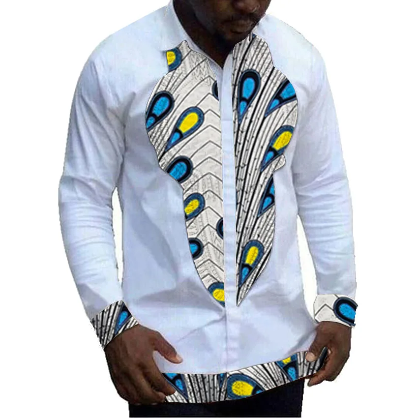 

Men African Shirts Long Sleeve Tops Patchwork White/Print Male Dashiki Shirt Custom Made Ankara Outfits