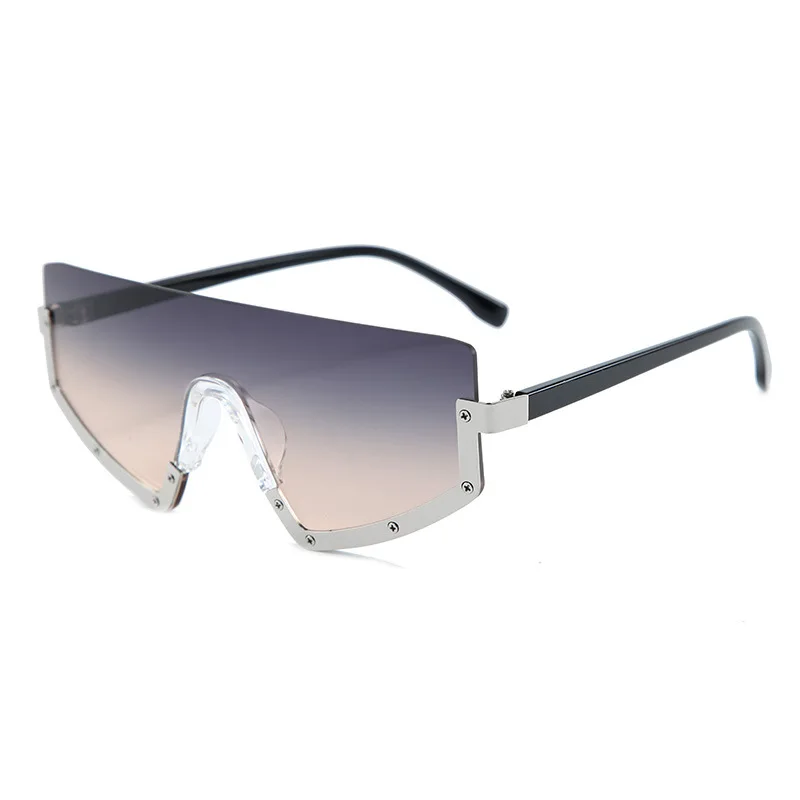 Новинка, Винтажные Солнцезащитные очки для женщин, кошачий глаз, без оправы, солнцезащитные очки для мужчин, роскошные брендовые дизайнерские солнцезащитные очки с заклепками, цельные очки - Цвет линз: C2 Silver.GrayOrange