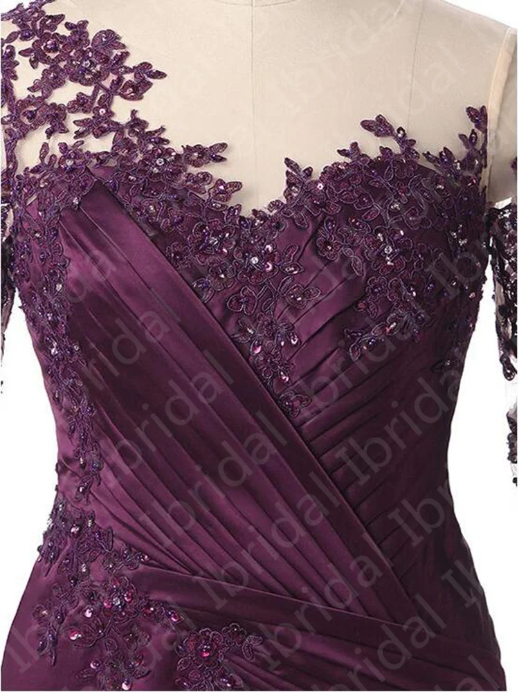 2021 Stunning Latest Purple Mermaid Lace Mother of the Bride Dresse Long Sleeve Wedding Guest Gowns Jewel Neck Beaded Sheer Back
