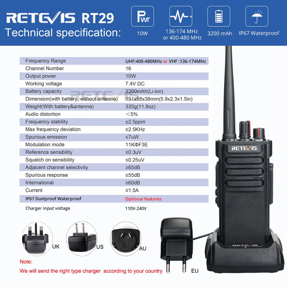 RETEVIS RT29 Powerful Walkie Talkie Waterproof IP67 A Pair UHF (or VHF) Long Range Two-way Radio Walkie-Talkie Transceiver+Cable RETEVIS RT29 Powerful Walkie Talkie Waterproof IP67 A Pair UHF (or VHF) Long Range Two-way Radio Walkie-Talkie Transceiver+Cable