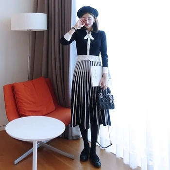 

korea elegant sweater knitted long skirt suit women set fashion striped skirt knitted tops suit 2 piece set N0904