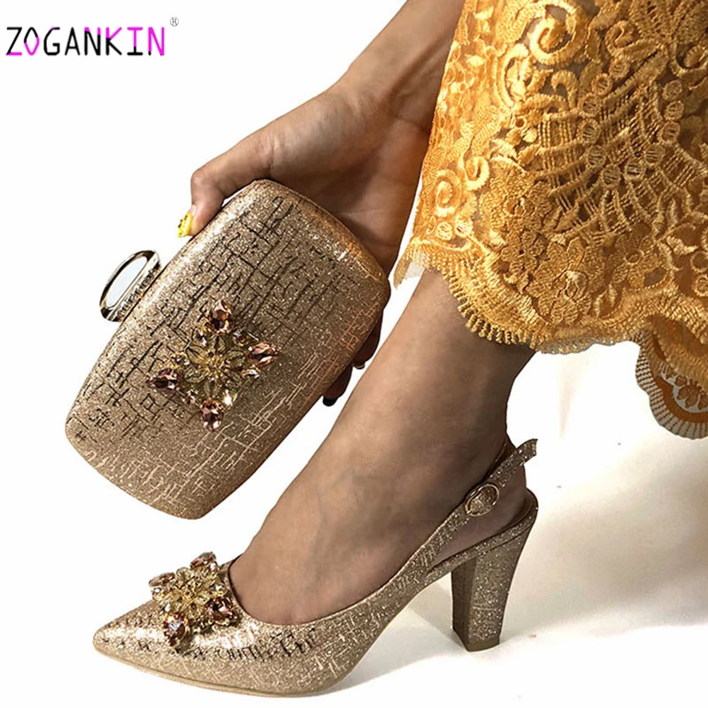 

Concise New Arrivals 2019 Italian Style Italian Women Shoes and Bag to Match in Champagne Color Comfortable Heels For Party