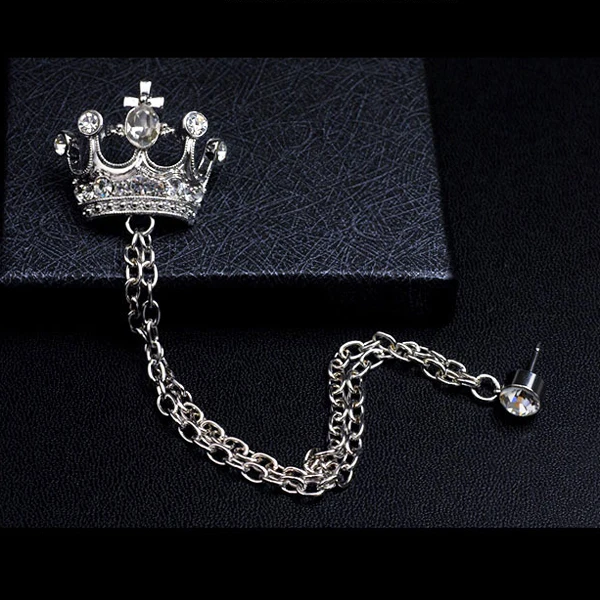 Elegant Hanging Chain Brooch Pins Breastpin Crystal Crown Brooch Pin for Women Men Shirt Crown  Collar Lapel Pins