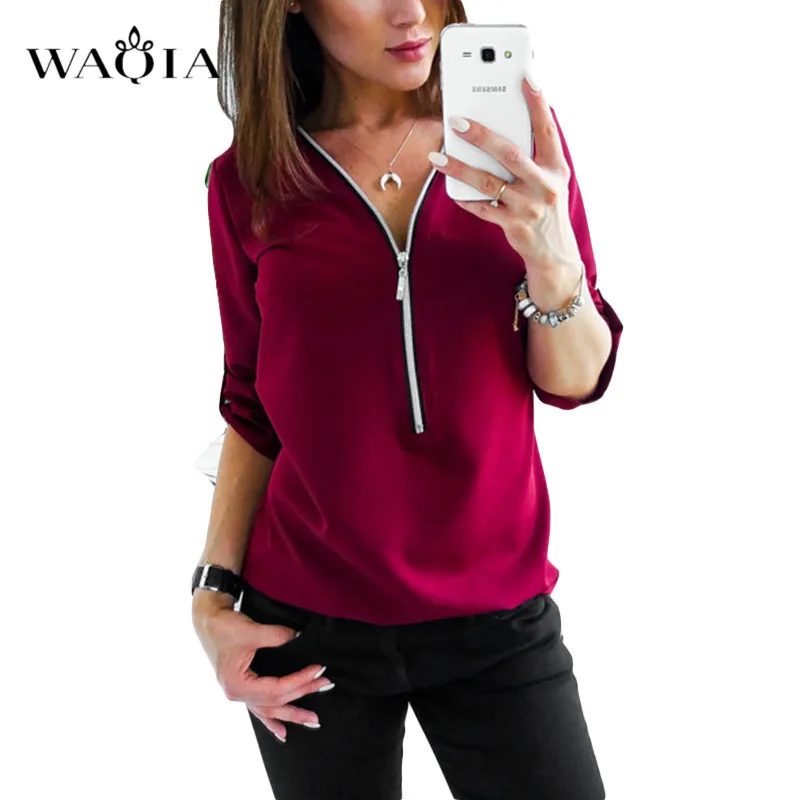 На молнии с короткими рукавами женские рубашки сексуальные v образным вырезом