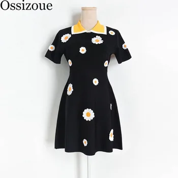 

Vintage 2020 Summer Short Sleeve women Casual dress knitted Sweater Ladies Mini 3D Floral Embroidery dress Vestidos Pull Femme