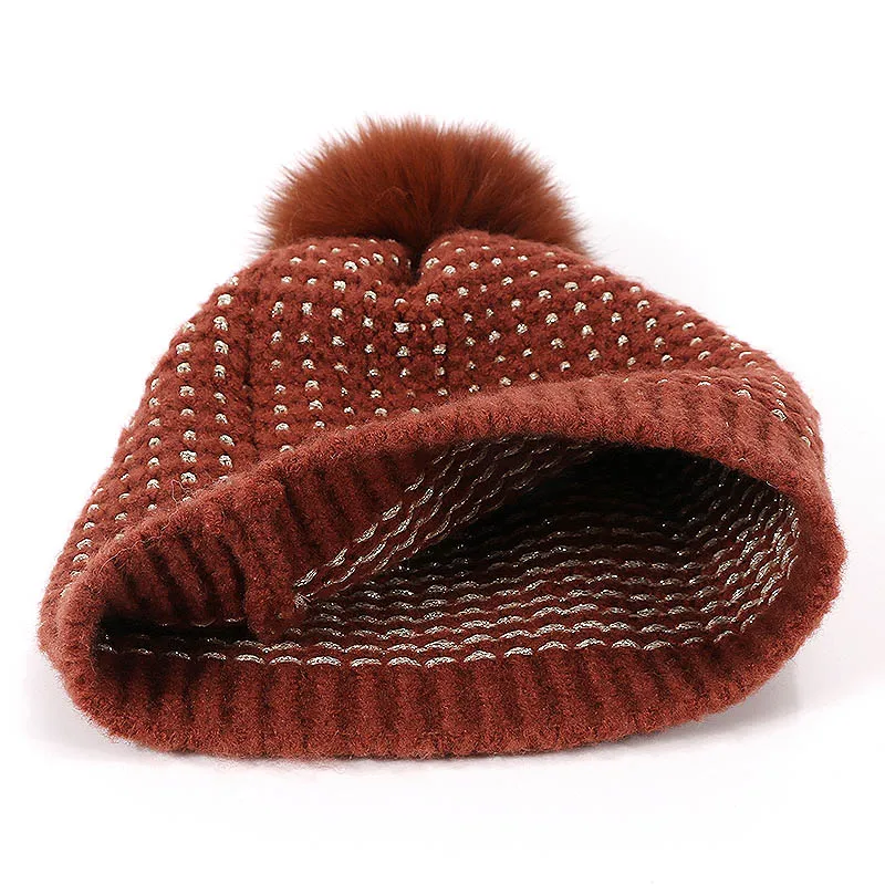 Skullies зимняя шапка Роскошное Качество помпон из лисьего меха шапки Золотая