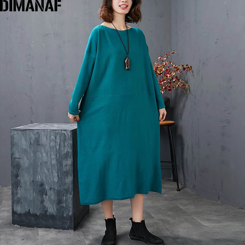 DIMANAF женское платье большого размера вязанное зимнее плотное с длинным рукавом Женская Повседневная свободная леди Vestidos одноцветное платье-свитер одежда