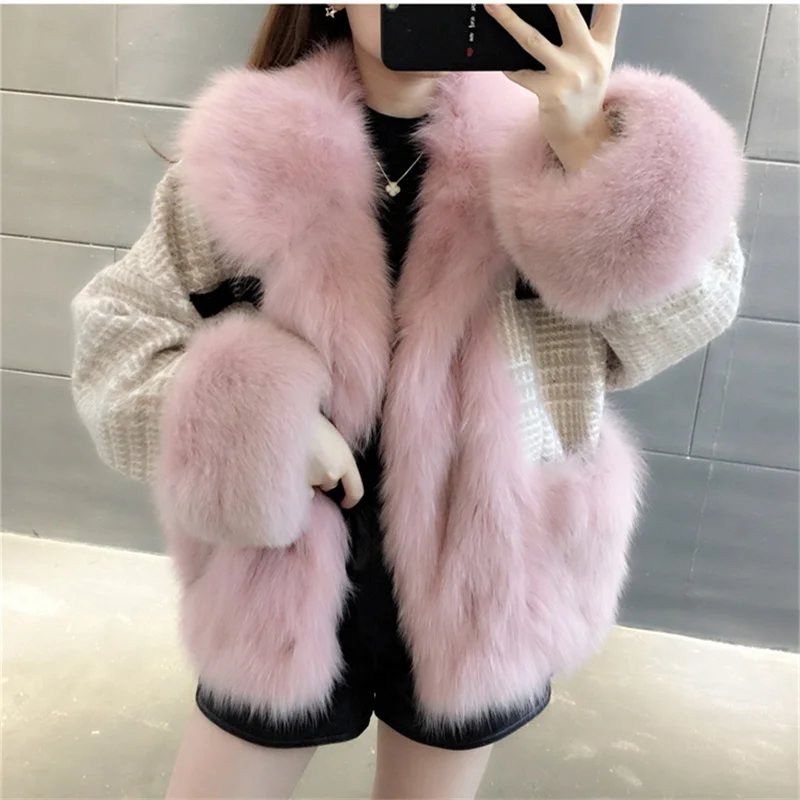 Pink Натуральный Лисий мех енота, мех норки, модная пирог преодолеть пальто шерстяное твидовое короткая зимняя куртка прилива - Цвет: Pink