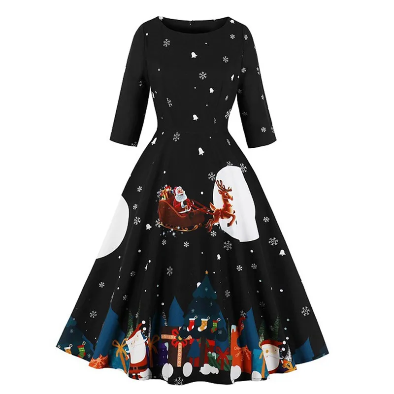 Зимние рождественские платья Для женщин 50-х 60-х Винтаж халат качели пин-ап элегантное праздничное платье с длинными рукавами и Повседневное размера плюс Vestidos#40