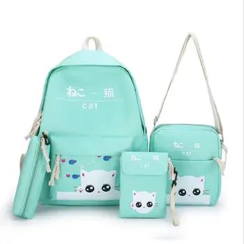 

4PCS A Set Backpack Japan Korean Fashion Cartoon Cute Cat Bag Small Print Preppy Style Student School Backpacks For Teenage Girl